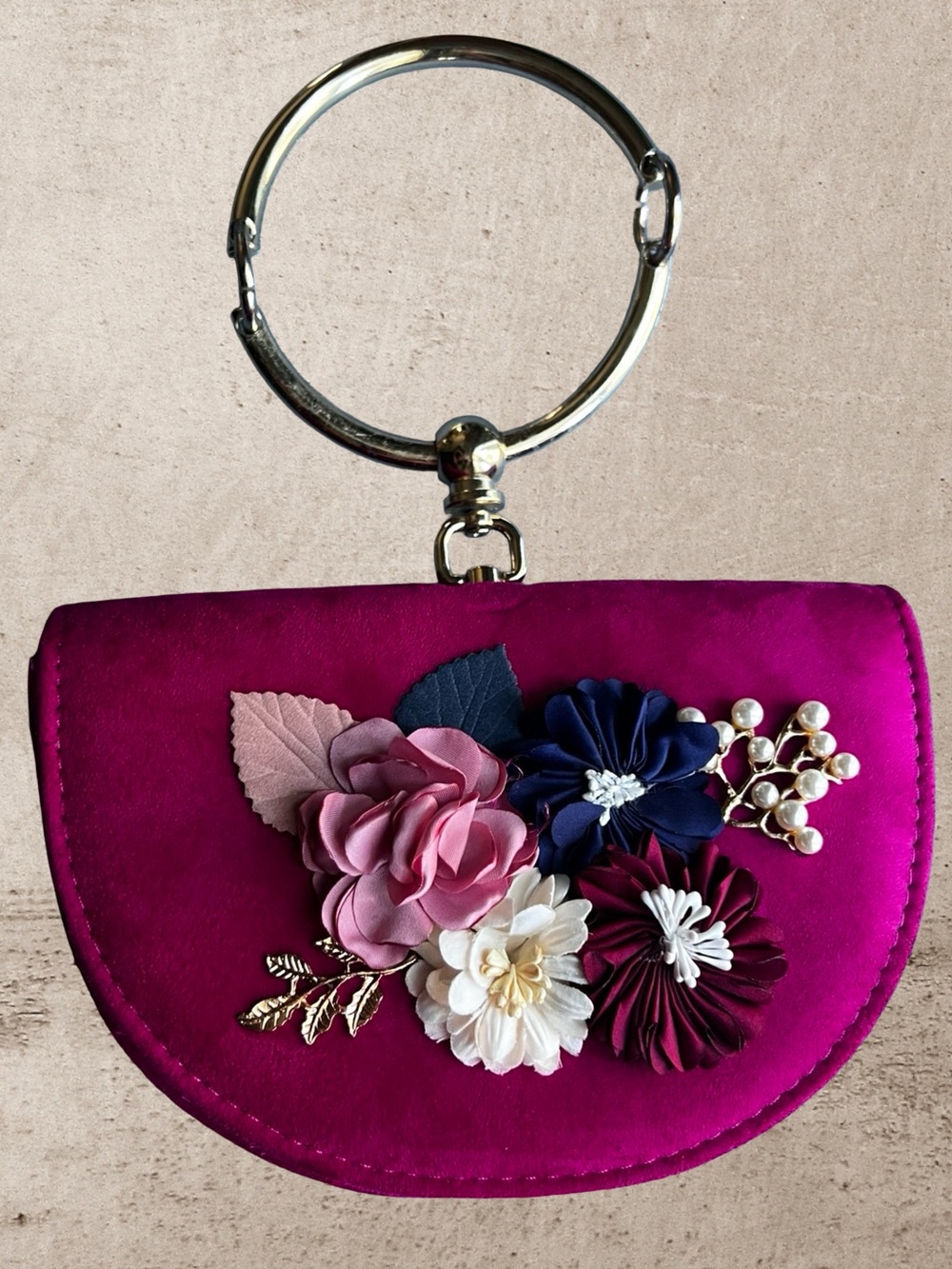 Elegant Fusia Half-Moon Evening Clutch with 3D Floral Embellishments